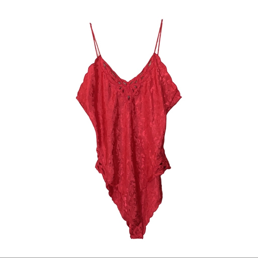 Vintage Red Floral Brocade Scalloped Neckline Teddy Size Large